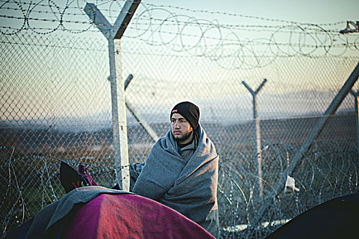 难民,露营,边界,正面,栅栏,中马其顿,希腊,欧洲