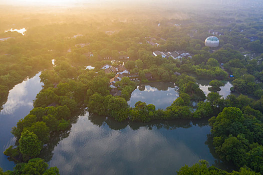 杭州西溪湿地公园清晨航拍
