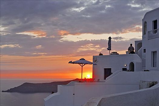 桌子,平台,阳伞,日落,伊莫洛维里,锡拉岛,希腊