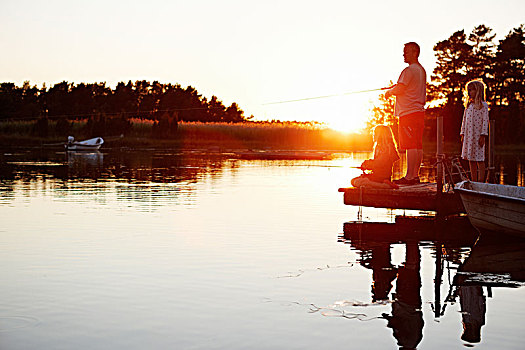 父亲,女儿,捕鱼,日落,瑞典