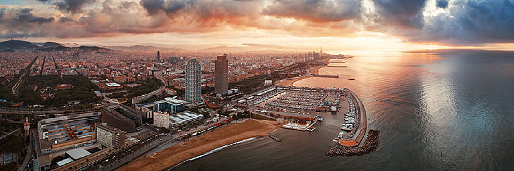 海岸,俯视,日出,风景,巴塞罗那,西班牙