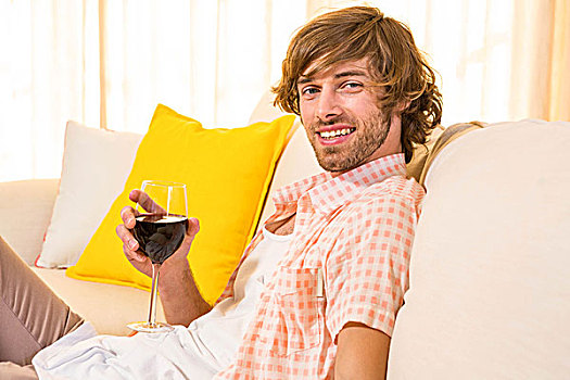 英俊,男人,享受,葡萄酒杯,沙发,客厅