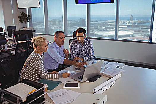 合作伙伴,讨论,上方,笔记本电脑,会面,办公室,书桌