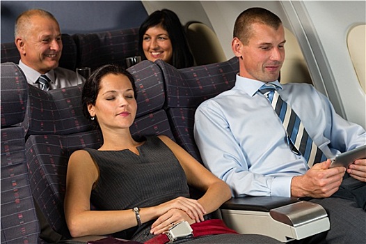 飞机,乘客,放松,飞行,机舱,睡觉