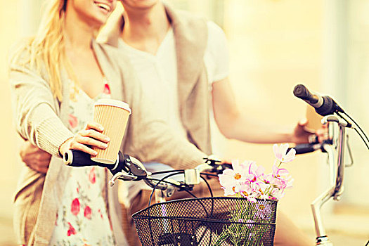 暑假,摩托车,爱情,关系,约会,概念,特写,情侣,拿着,咖啡,骑自行车