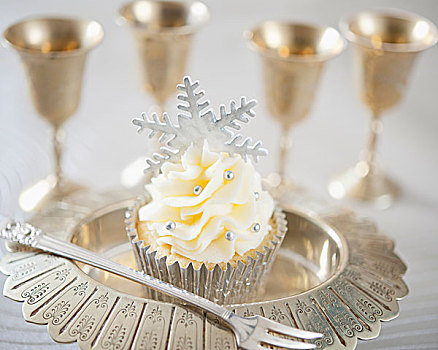 喜庆,圣诞节,杯形蛋糕,银,软糖,雪花