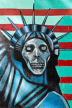 涂鸦,墙壁,象征,自由女神像,头骨,脸,大使馆,美国,德黑兰,伊朗,亚洲