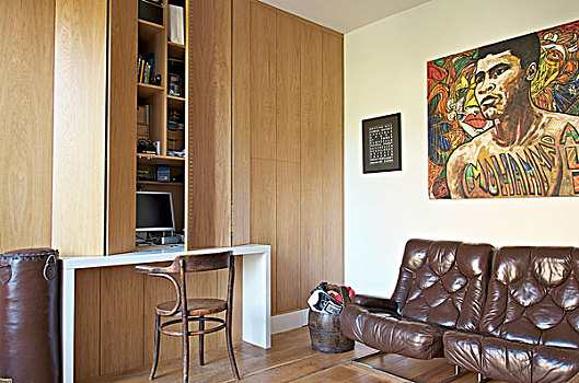 褐色,皮革,椅子,仰视,艺术品,木质,合适,柜厨,书桌