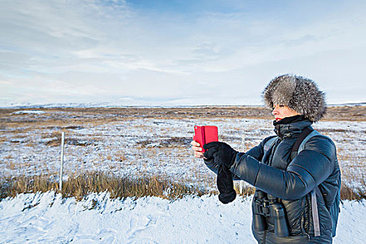 成年,女人,照相,积雪,地点,冰岛