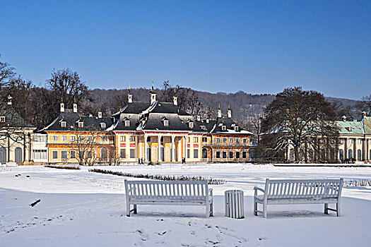 城堡,白色,长椅,正面,冬天,萨克森,德国,欧洲
