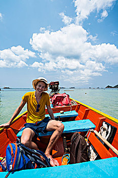男青年,坐,船,蓝绿色海水,龟岛,海湾,泰国,亚洲