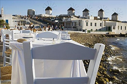 桌子,椅子,餐馆,海岸,米克诺斯岛,基克拉迪群岛,希腊
