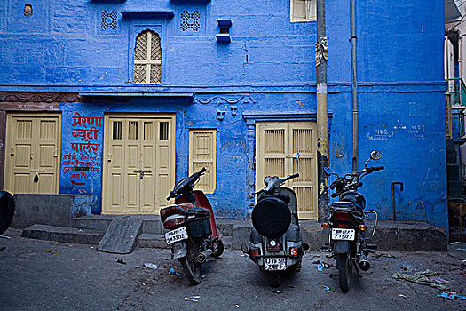 摩托车,停放,排列,户外,建筑,印度
