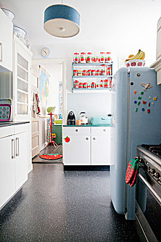 白色,复古,厨柜,多样,储藏罐,架子,苍白,蓝色,电冰箱