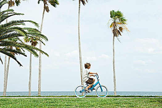 男孩,骑自行车,海滩,侧面视角