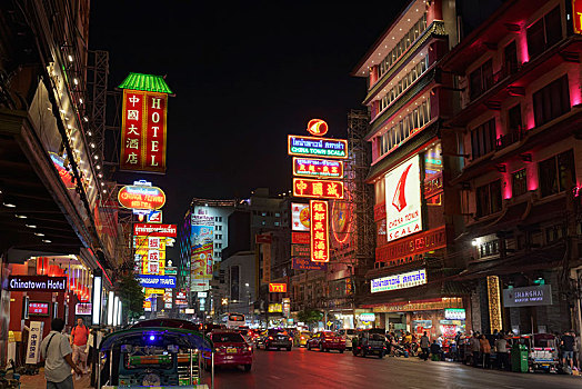 道路,夜晚,霓虹灯,唐人街,曼谷,泰国,亚洲