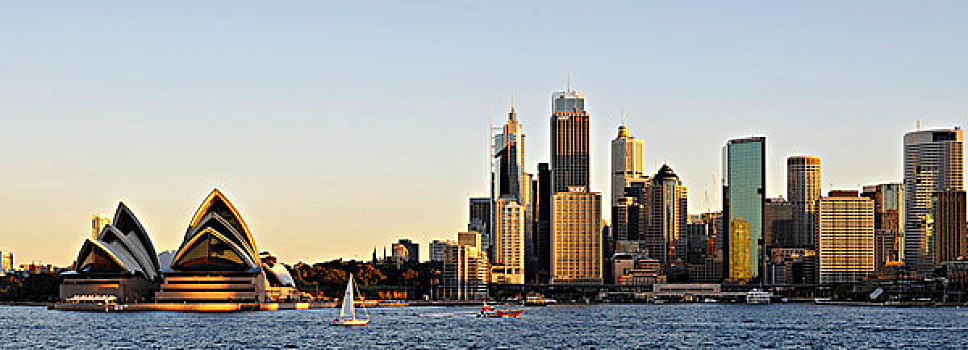 全景,悉尼,小湾,悉尼歌剧院,环形码头,港口,天际线,中央商务区,日落,新南威尔士,澳大利亚