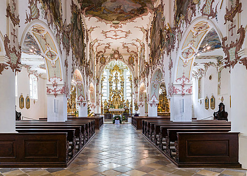 洛可可风格,室内,圣徒,教区教堂,雷根斯堡,普拉蒂纳特,巴伐利亚,德国,欧洲