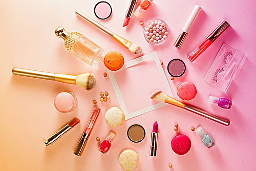 化妆,商品,蛋白杏仁饼干,卧,留白,粉色背景