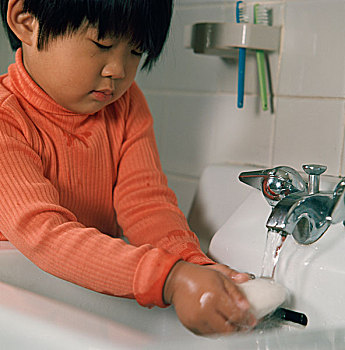 孩子,亚洲人,男孩,洗,手,肥皂,浴室水池