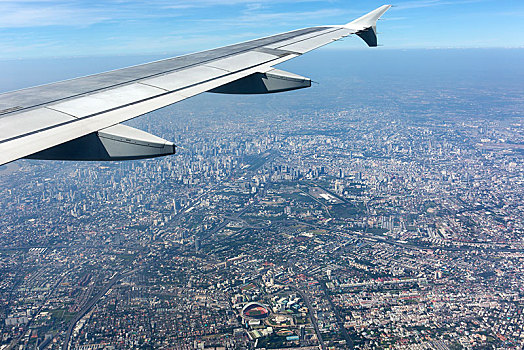 风景,飞机,翼,市中心,航拍,曼谷,泰国,亚洲