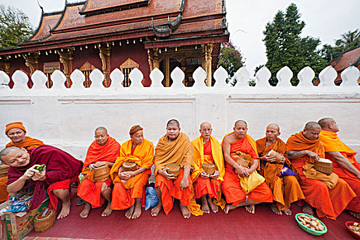 老挝,琅勃拉邦,寺院,出游,僧侣,等待,给,施舍