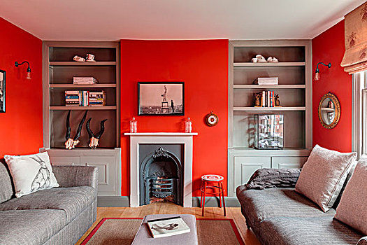 红色,墙壁,灰色,合适,架子,旧式,壁炉,客厅