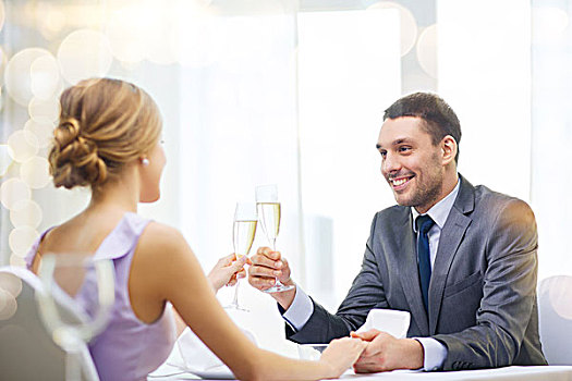 餐馆,情侣,假日,概念,微笑,男人,玻璃杯,香槟,看,妻子,女朋友
