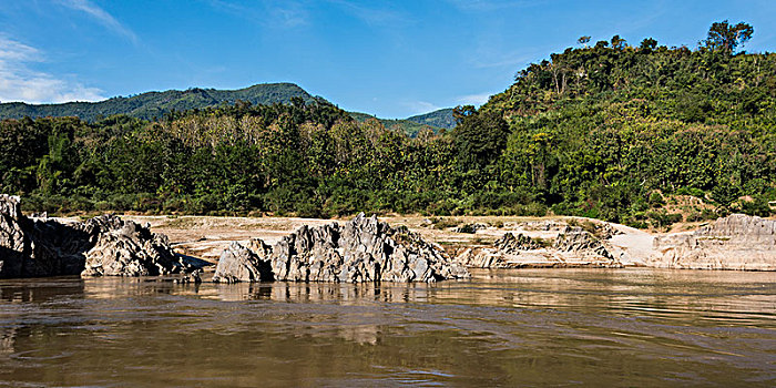 岩石,海岸线,湄公河,老挝