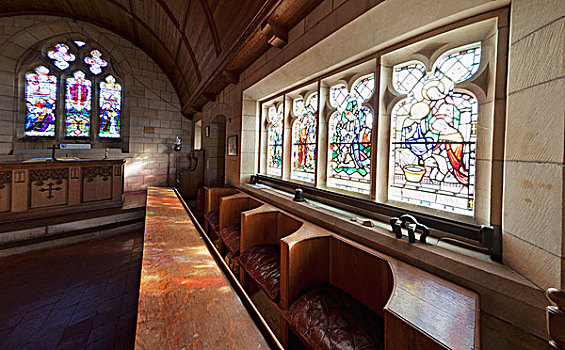 彩色玻璃窗,室内,教堂,诺森伯兰郡,英格兰