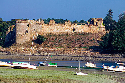 船,退潮,布列塔尼,城堡,15世纪,布列塔尼半岛,法国