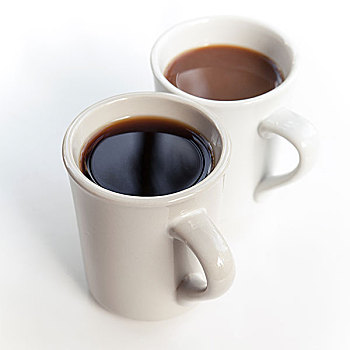 两个,杯子,满,咖啡,站立,桌子,软,影子