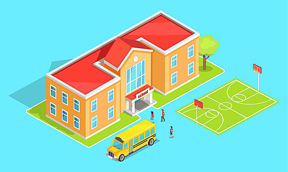 学校,橙色,黄色,巴士,教育机构,绿色,树,公用,操场,体育场所,矢量,插画,隔绝,蓝色背景,背景