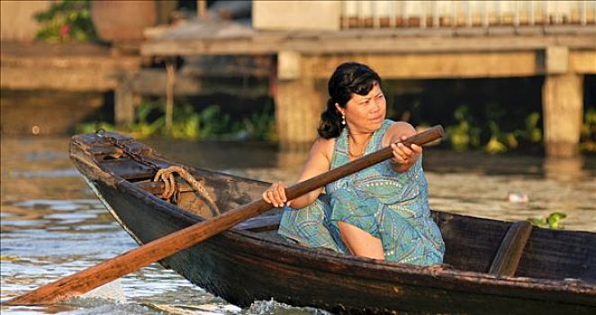 女人,划船,船,湄公河三角洲,越南,亚洲