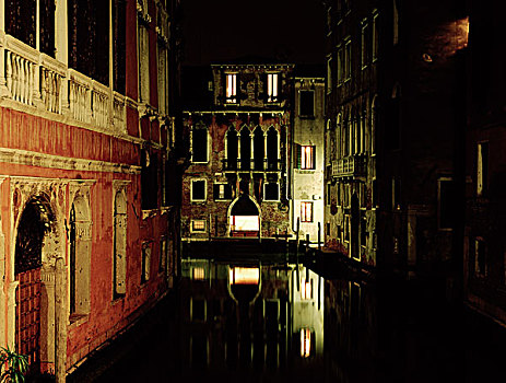 红色,砖,邸宅,夜晚,反射,水,威尼斯,意大利