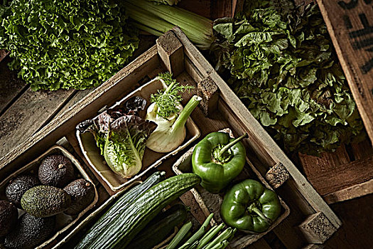 静物,新鲜,有机,绿色,健康,蔬菜,品种,木头,板条箱