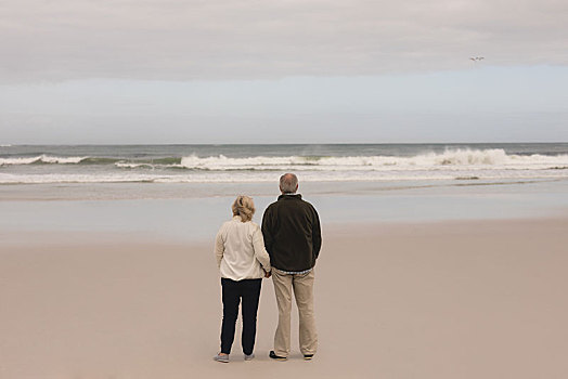 老年,夫妻,站立,牵手,海滩