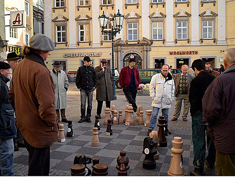 男人,玩,人行道,下棋,林茨,奥地利
