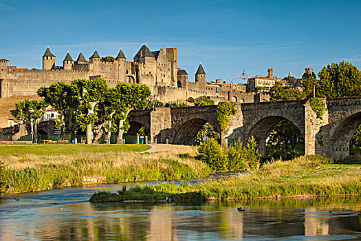 河,古桥,中世纪,城镇,卡尔卡松尼,朗格多克-鲁西永大区,法国