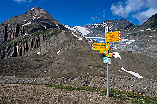 路标,后面,冰河,瓦莱州,瑞士,欧洲
