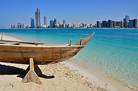 木船,正面,阿布扎比,天际线,阿联酋,阿拉伯半岛,亚洲