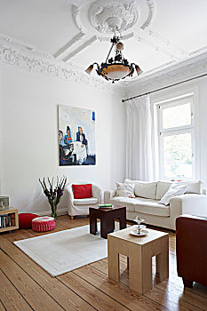 白色,客厅,套房,边桌,粉饰灰泥,天花板