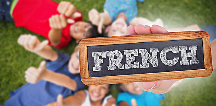法国人,高兴,朋友,玩,公园,文字,手,展示,黑板