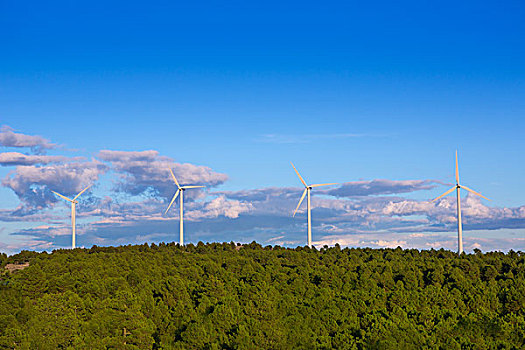 风力发电机,风车,绿色,电能,松树,山,蓝天