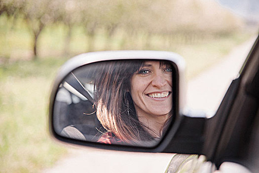 女人,汽车,微笑,反射,反光镜