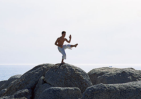 男人,太极拳,石头,靠近,海洋