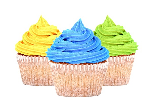 三个,杯形蛋糕,黄色,蓝色,绿色,糖衣