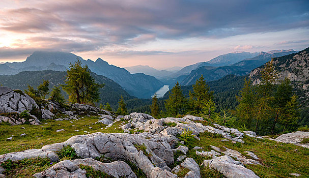 山景,风景,上面,日落,左边,瓦茨曼山,国家公园,贝希特斯加登地区,上巴伐利亚,巴伐利亚,德国,欧洲