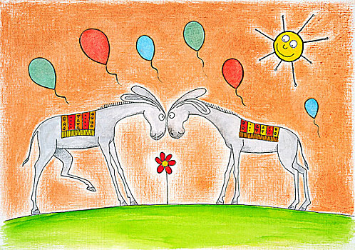 高兴,驴,气球,绘画,水彩画,纸