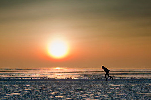 荷兰,滑冰,湖,日落
